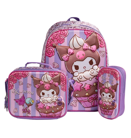 Set Escolar Kuromi Infantil Mochila + Lonchera + Estuche