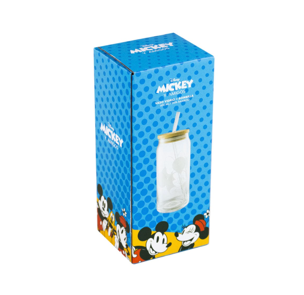 Vaso Vidrio Con Tapa Bamboo 600ml Summer Disney Mickey Minnie