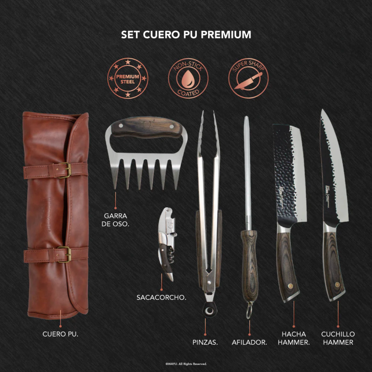Set Parrillero Cuero Premium Cuchillo Wayu