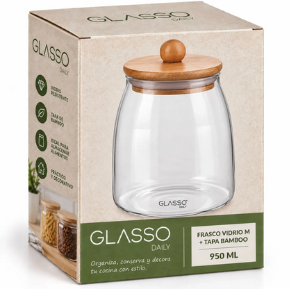 Frasco Vidrio 950ml Con Tapa De Bamboo Glasso Daily