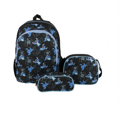 Set Juvenil 3 Piezas Stitch Mochila + Lonchera + Estuche Azul Negro