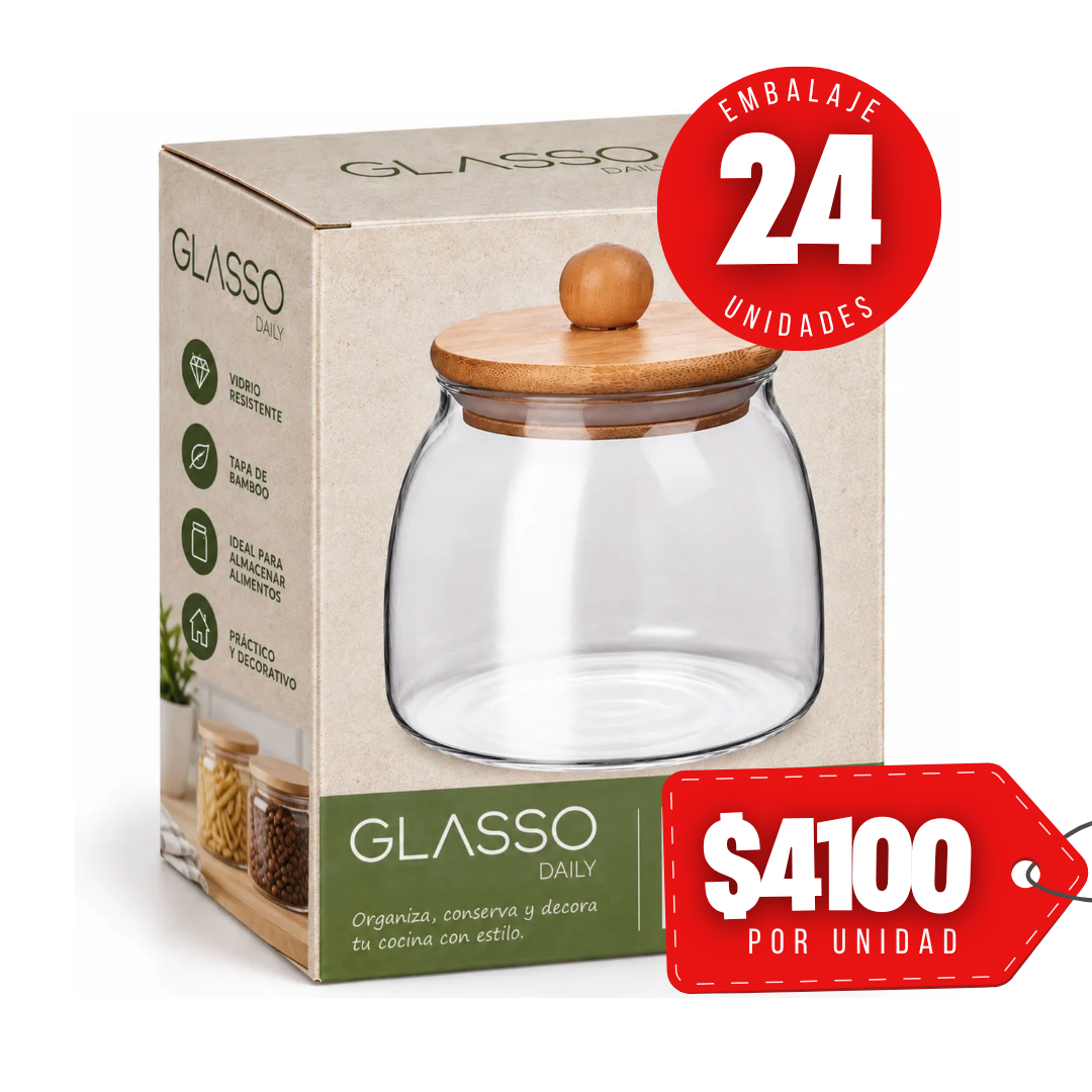 x Mayor Frasco Vidrio 720ml Con Tapa De Bamboo Glasso Daily