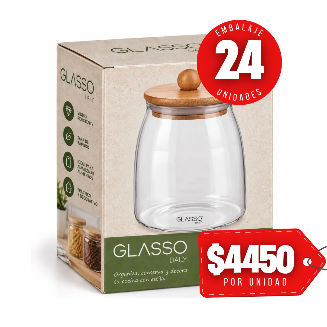 x Mayor Frasco Vidrio 950ml Con Tapa De Bamboo Glasso Daily