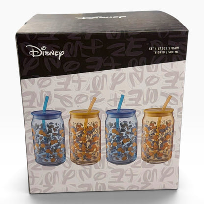Set 4 Vasos Straw Vidrio 500ml Minnie y Mickey Limoncello Disney