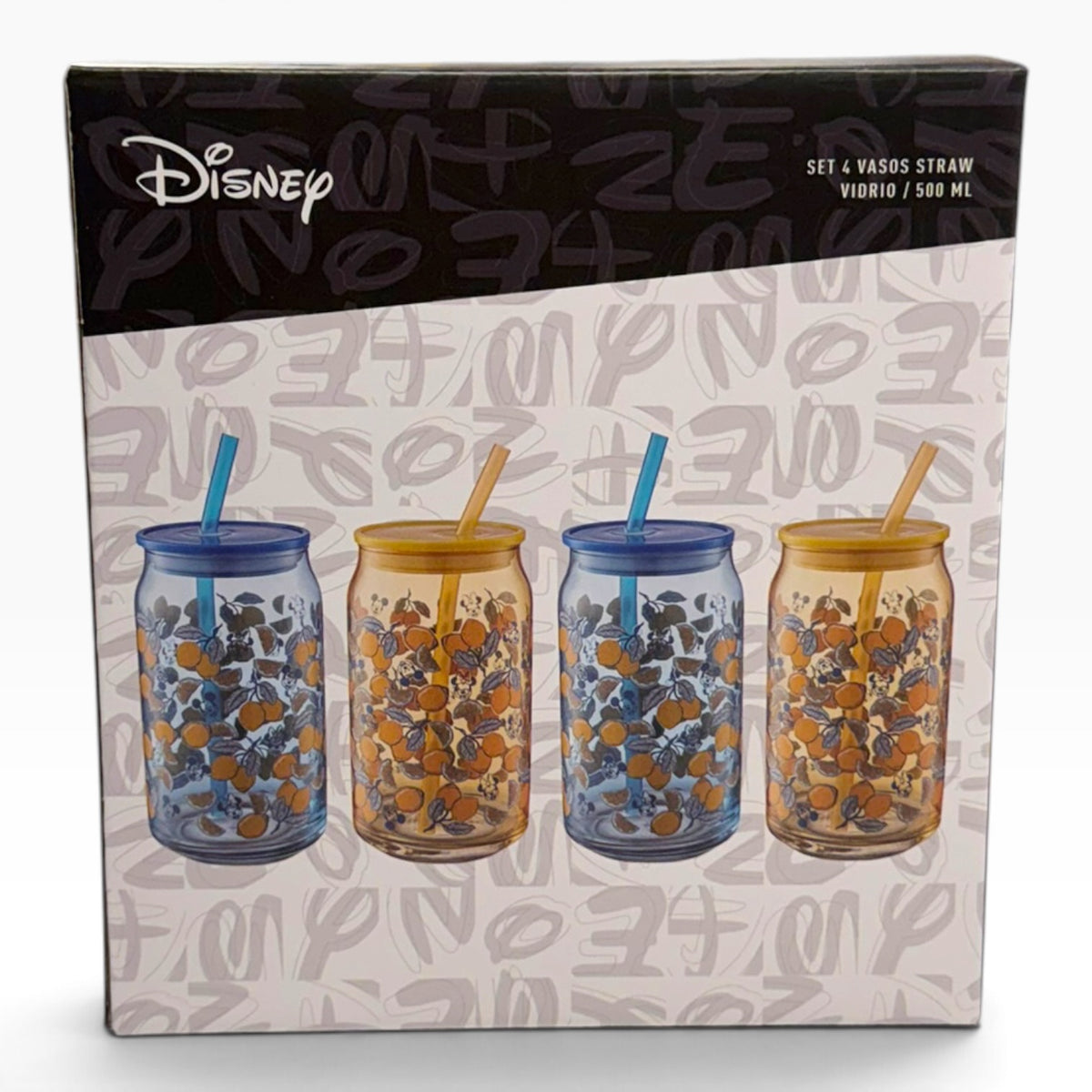 Set 4 Vasos Straw Vidrio 500ml Minnie y Mickey Limoncello Disney