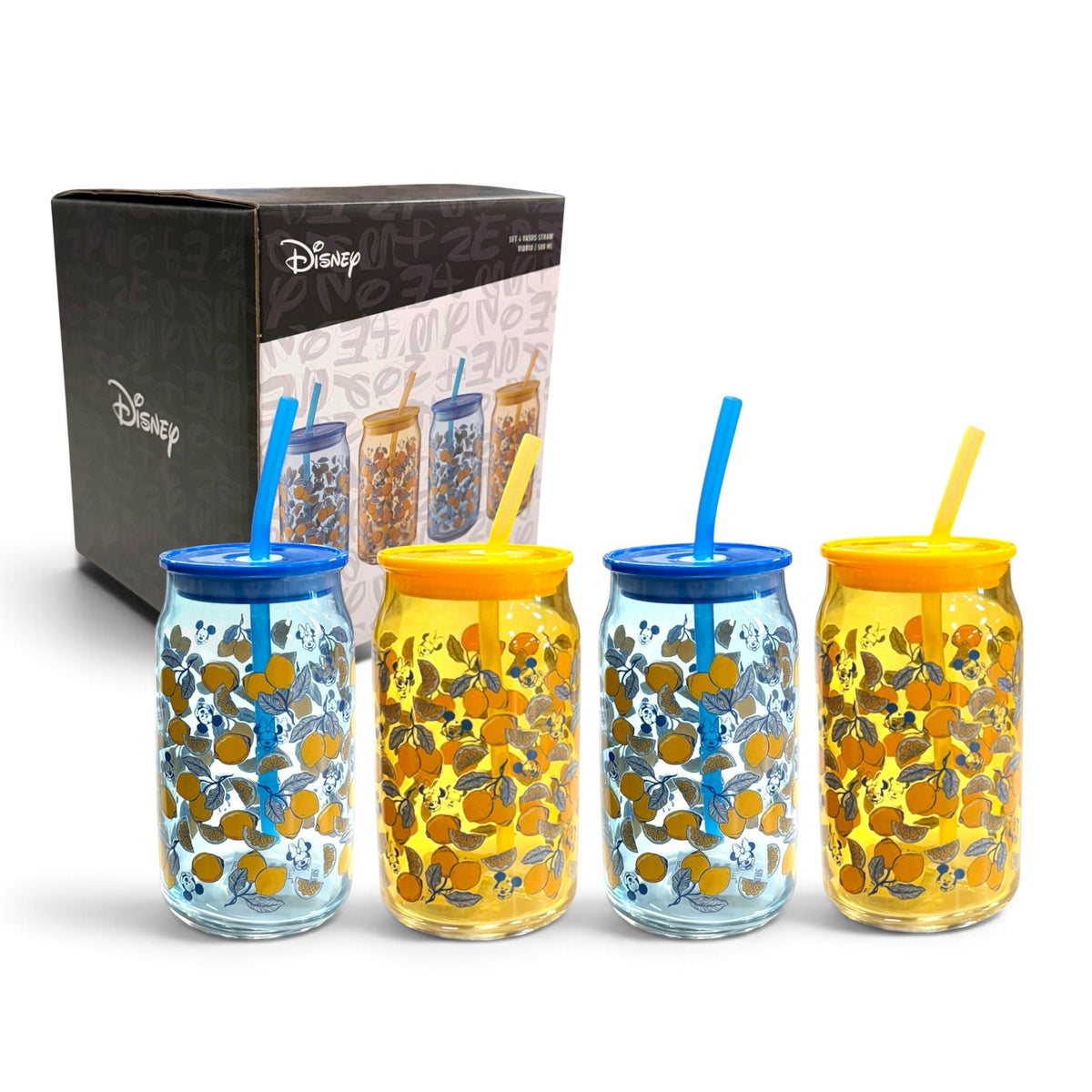 Set 4 Vasos Straw Vidrio 500ml Minnie y Mickey Limoncello Disney