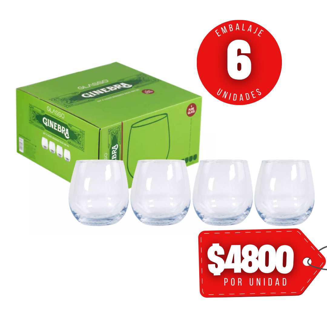 x Mayor Set 4 Vasos Redondo Bajo 480cc Ginebra Glasso